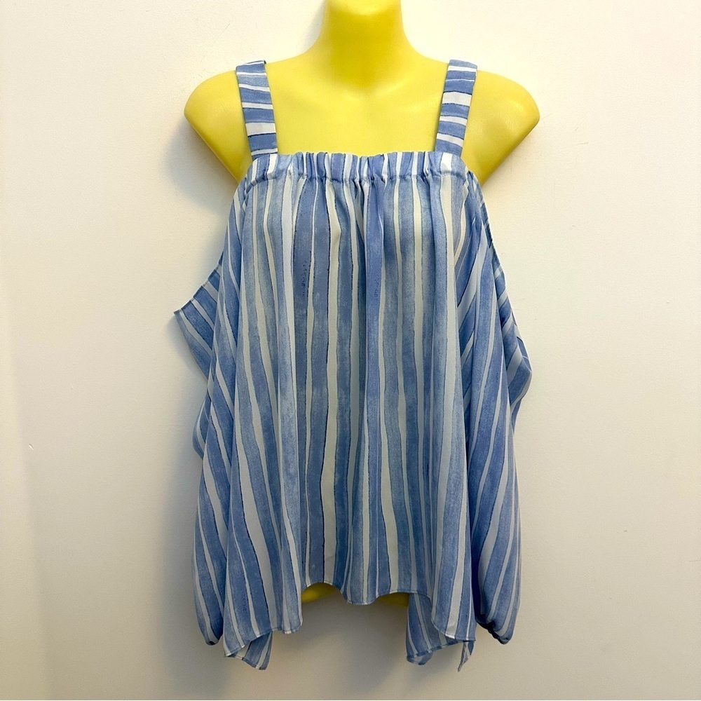 Vince Camuto Blue and White Striped Off Shoulder Long Sleeve Top